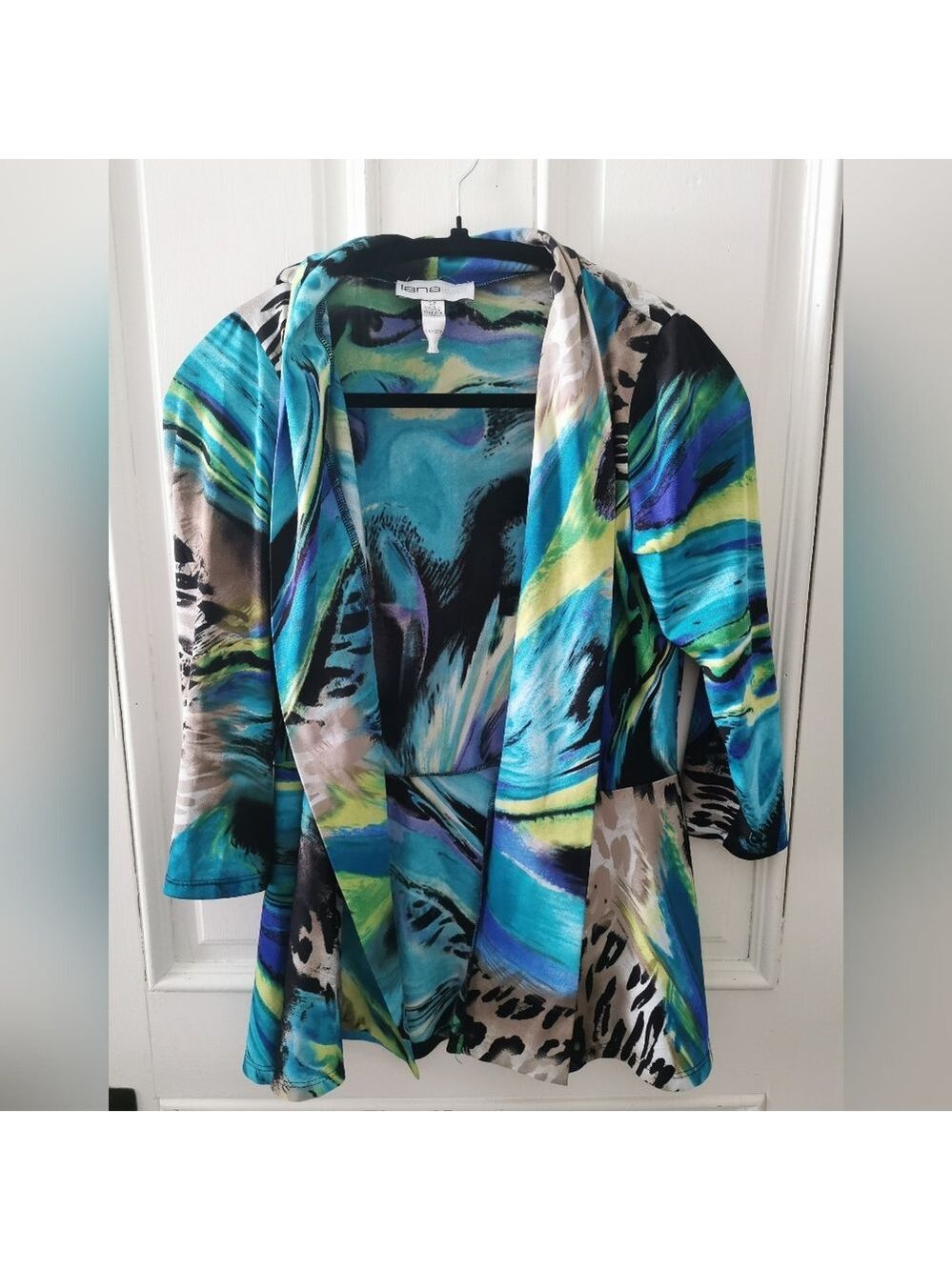 Lana Lee Open Abstract  Peacock Watercolor Print Open Cardigan. Size Small